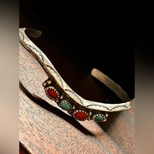 Old Navajo turquoise and coral Bended Cuff